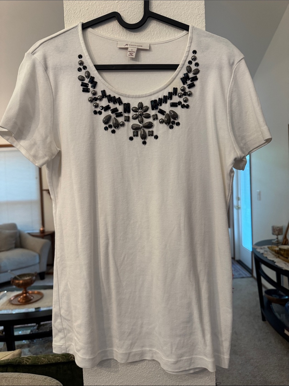 Embellished Scoop Neck Short Sleeve Tee - White with Black Bead Detail